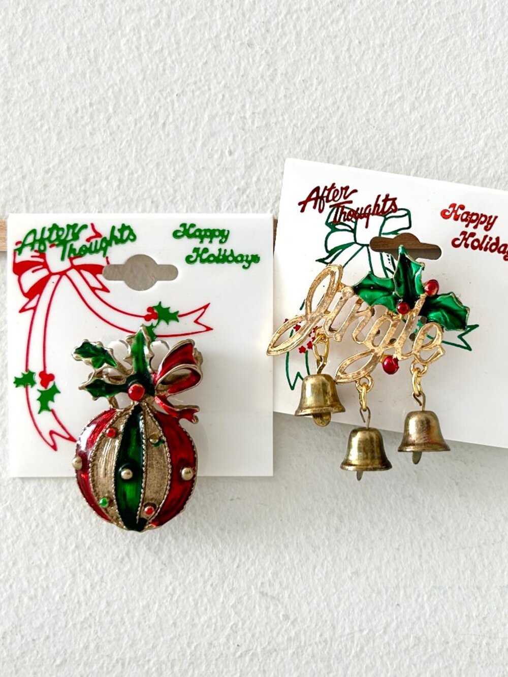 2 Vintage Christmas Brooch Lapel Pins Jingle Bells Ornament Holly Gold Red Green